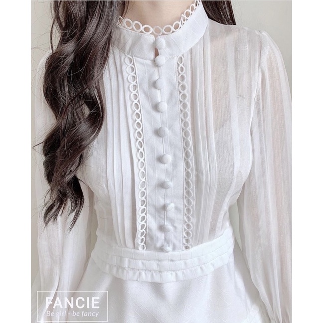 Váy trắng midi ren phối nút bọc dáng xòe phong cách vintage váy trắng hở lưng - lien