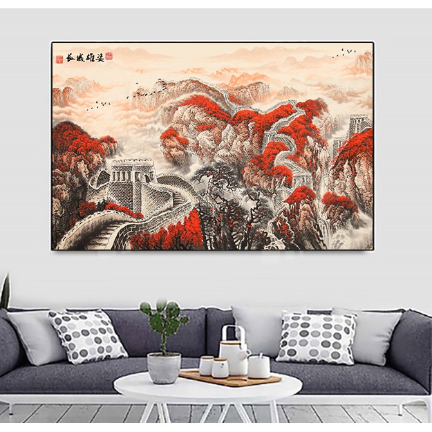 Tranh dán tường mica 3D phong cảnh núi vạn lý trường thành tông đỏ hợp mệnh hỏa