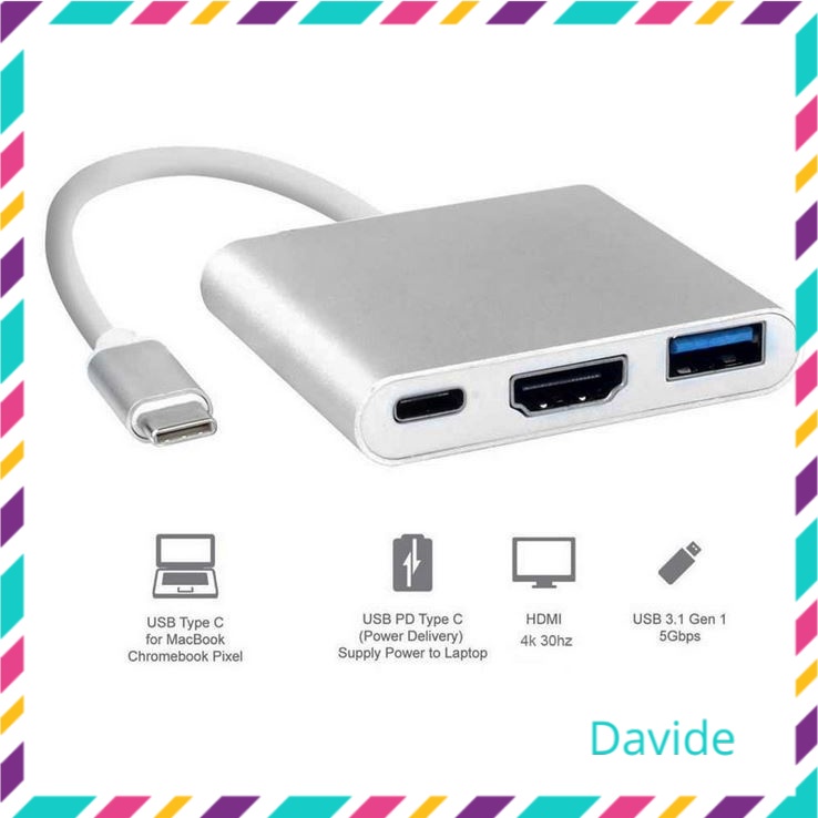 Cáp chuyển đổi từ Type c sang HDMI kết nối tivi máy chiếu + USB 3.0 kết nối phím chuột... Cáp Typec to HDMI