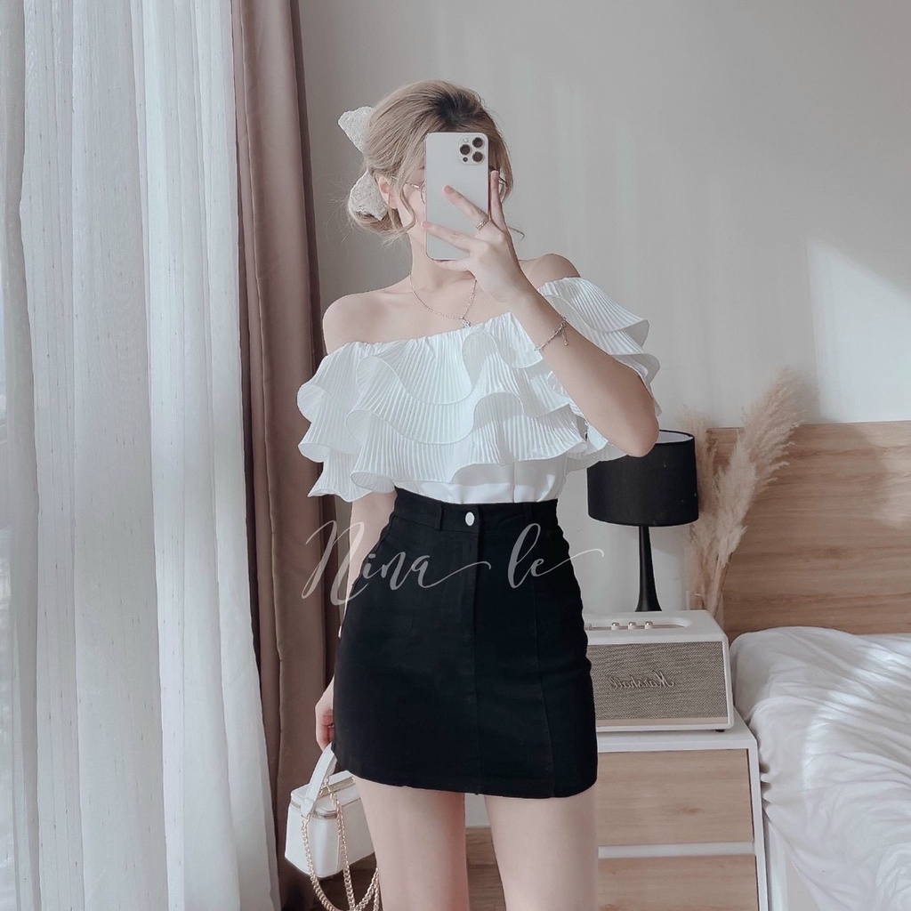 Sét áo và chân váy nữ áo trễ vai phối bèo tần dập ly kèm chân váy ngắn