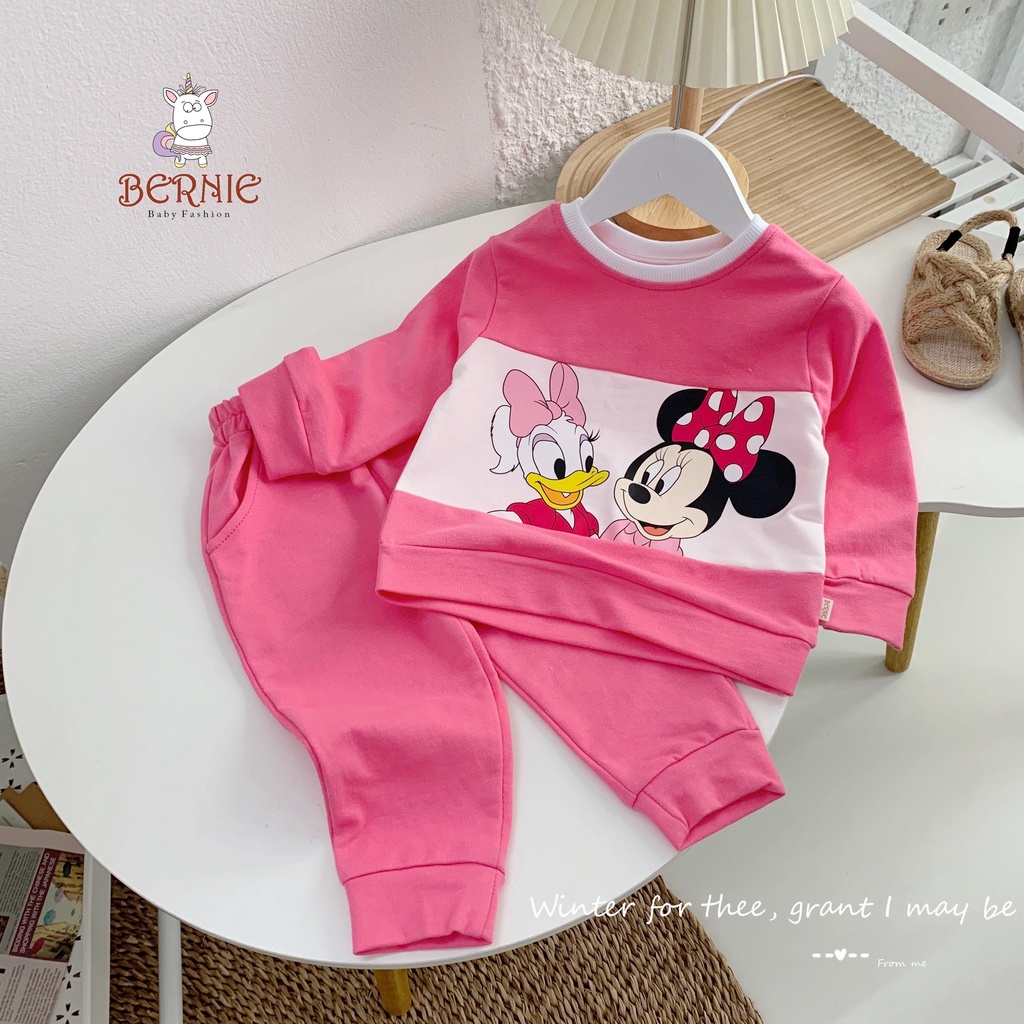 Quần áo trẻ em, bộ quần áo cotton dài tay Mickey màu hồng, màu vàng, màu tím cho bé gái từ 9kg đến 18kg của BERNIE