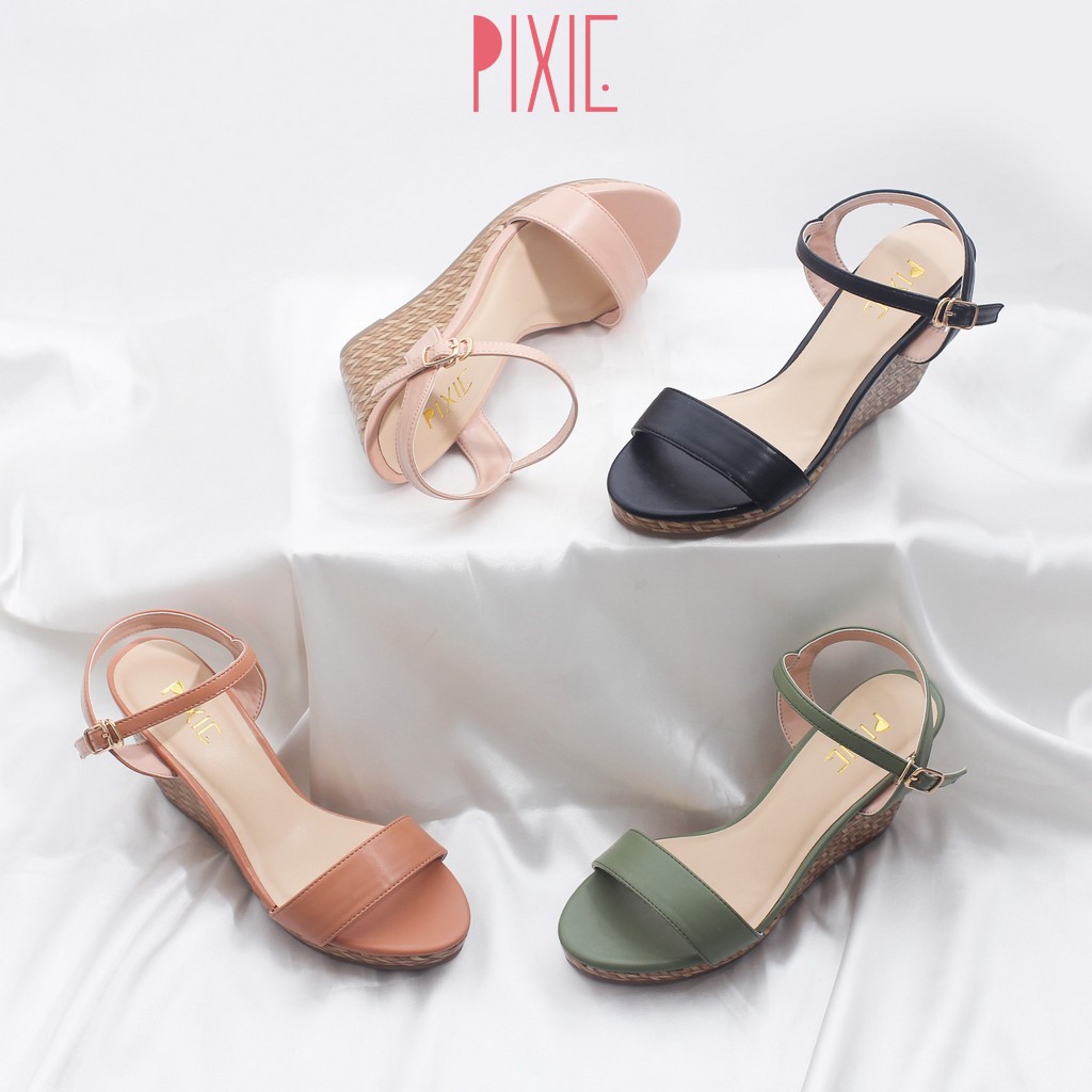 Giày Sandal Đế Xuồng 7cm Quai Ngang Đế Đan Tre Màu Đen Pixie X451