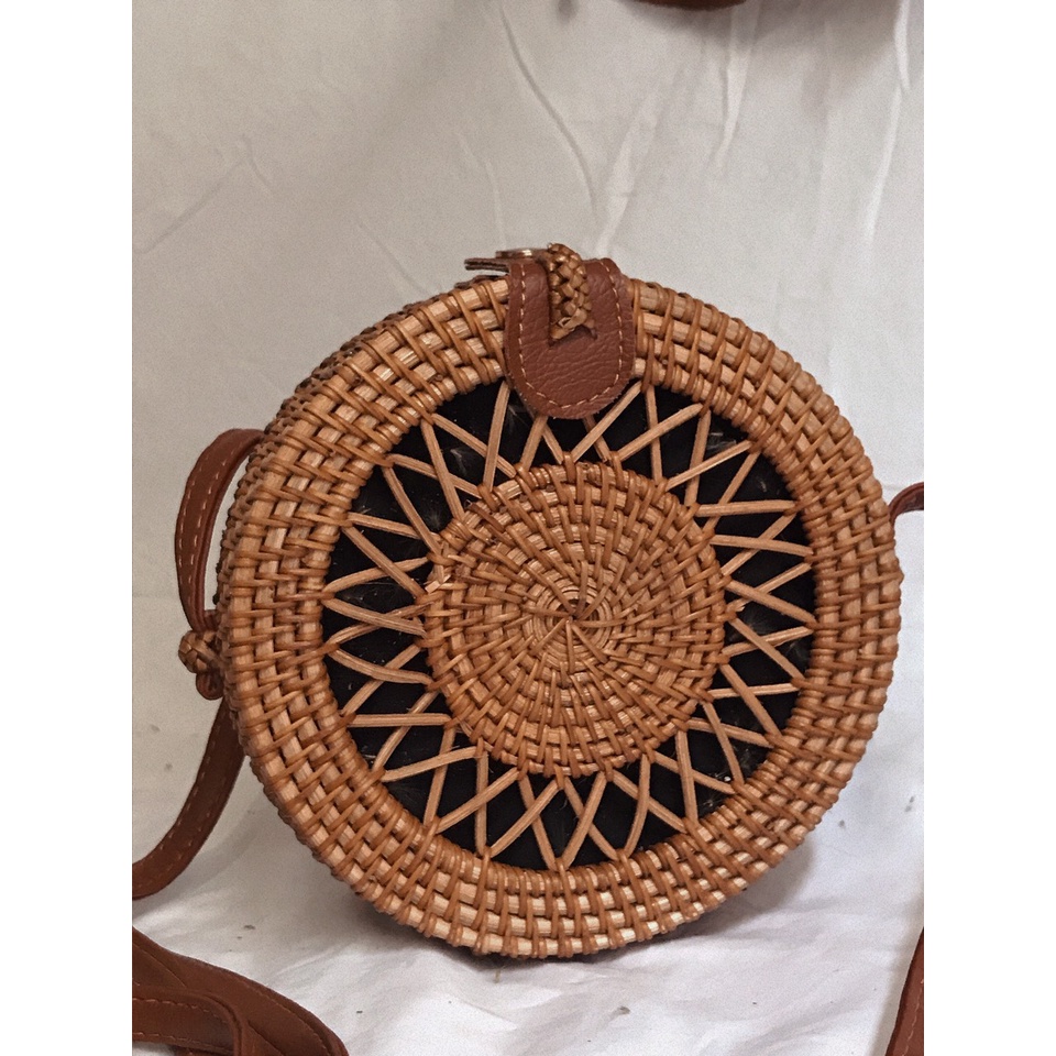 Túi Mây Hộp Tròn Đeo Chéo Họa Tiết Xinh Vắn Vintage Boho- Kích Thước : D20cm Và D16cm