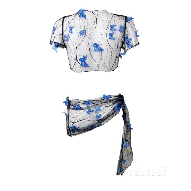 Rs-Phụ Nữ Bikini Bursuit Lưới Vải Trong Suốt Stereo Bướm Trang Trí Ngắn Tay Áo Crop Top Ren-Up Sarong