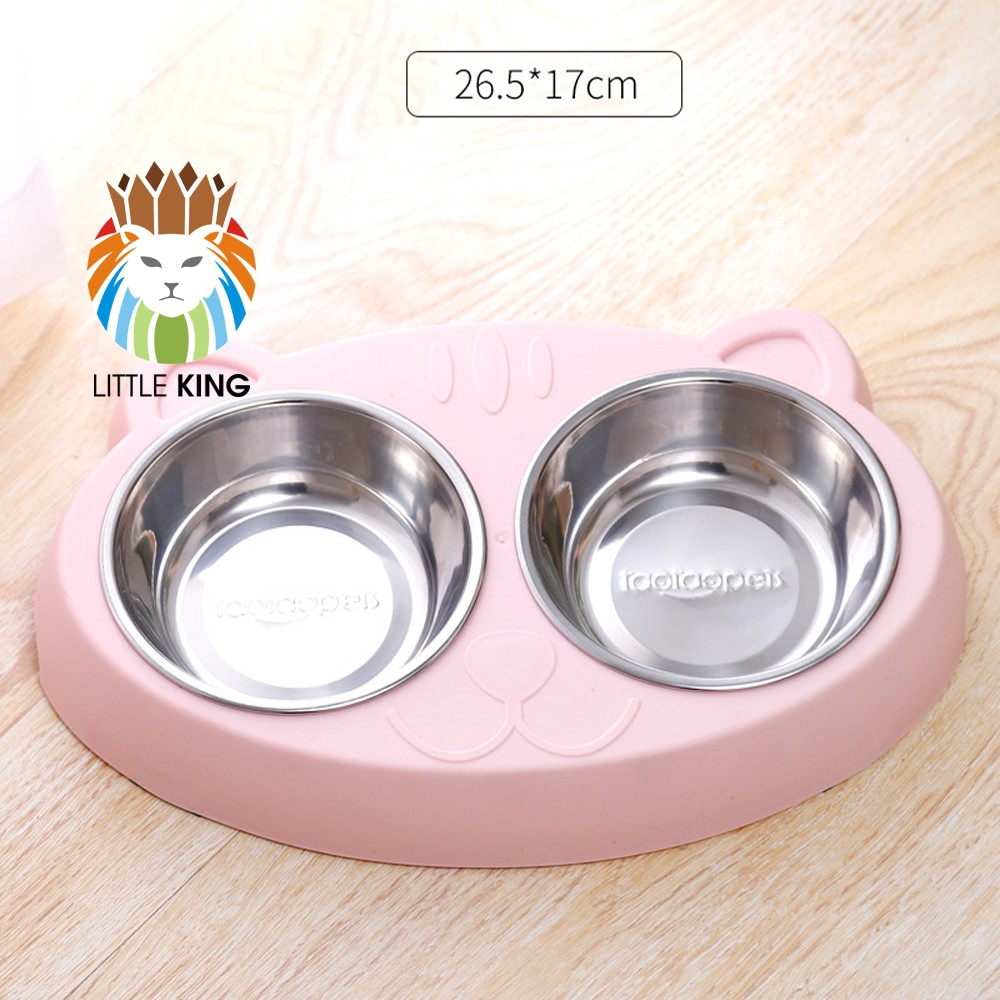 Bát ăn đôi inox hình mặt mèo cho chó mèo, thú cưng chất liệu nhựa PP và inox không gỉ Little King pet shop