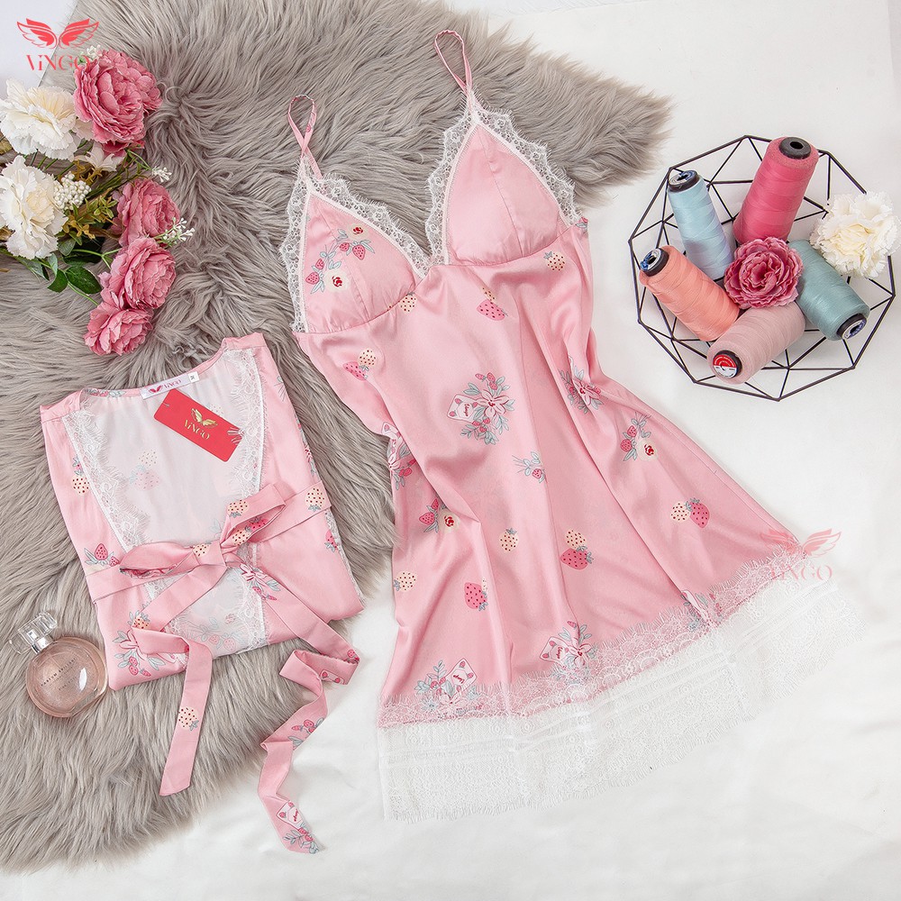 Váy ngủ lụa hai dây gợi cảm phối ren họa tiết dâu hồng thiết kế Vingo N285 VNGO | BigBuy360 - bigbuy360.vn