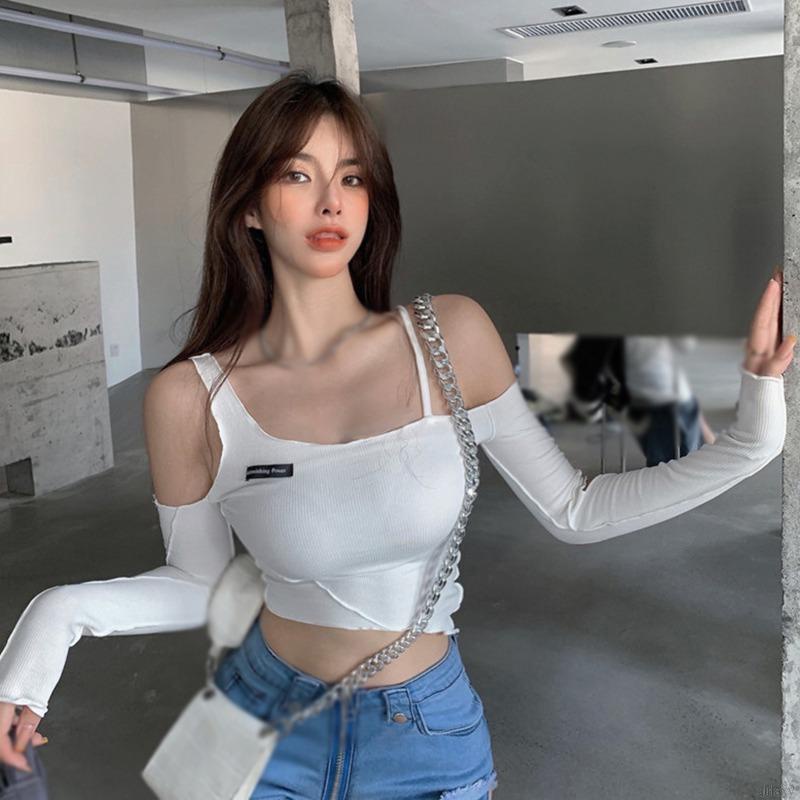 Áo croptop tay dài trễ vai màu trơn phong cách Hàn Quốc quyến rũ dành cho nữ