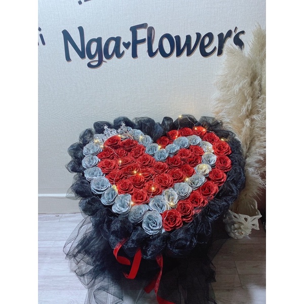 Bó Hoa 50 Bông Trái Tim Mix Ren ( Full Phụ kiện)
