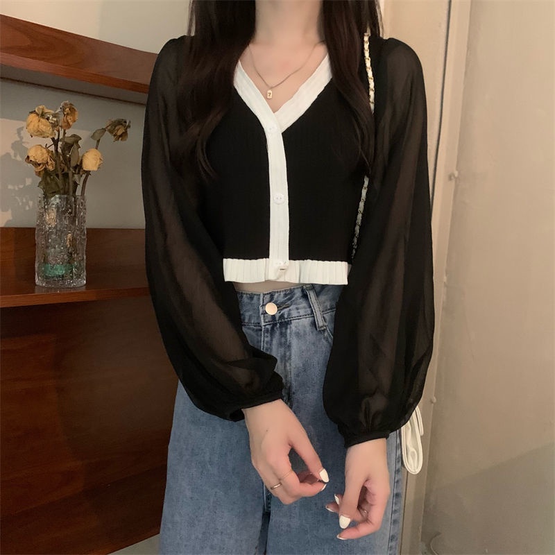 Áo cardigan Dệt Kim Tay Phồng Phong Cách Hàn Quốc Thời Trang Mùa Thu Mới Cho Nữ