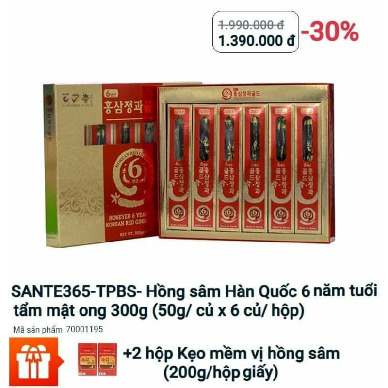 SANTE365 Hồng sâm Hàn Quốc 6 năm tuổi tẩm mật ong (300g) Sản Xuất Nhập Khẩu Hàn Quốc Tặng ngay2 hộp Kẹo mềm vị hồng sâm