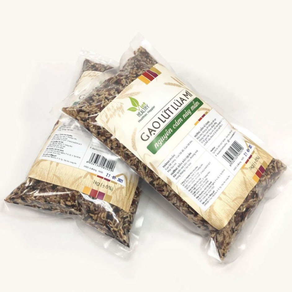 Gạo lứt lúa mì nguyên cám nảy mầm Viet Healthy 1kg, thành phần gồm: gạo lứt vàng, gạo lứt đỏ, gạo lứt tím, hạt lúa mì