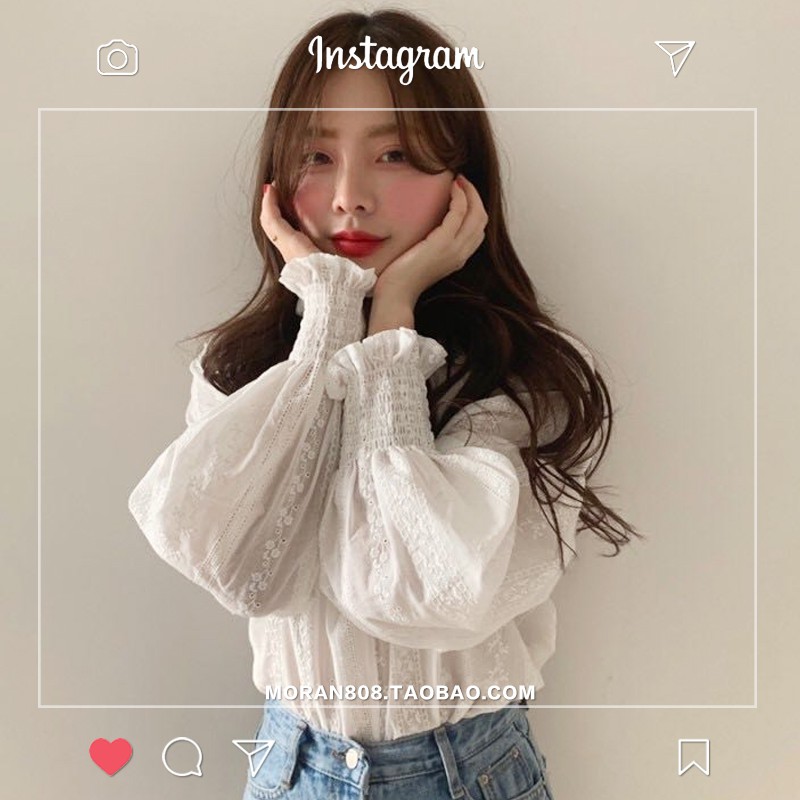Áo sơ mi ren hoa trắng dài tay MORAN style tiểu thư vintage ngọt ngào