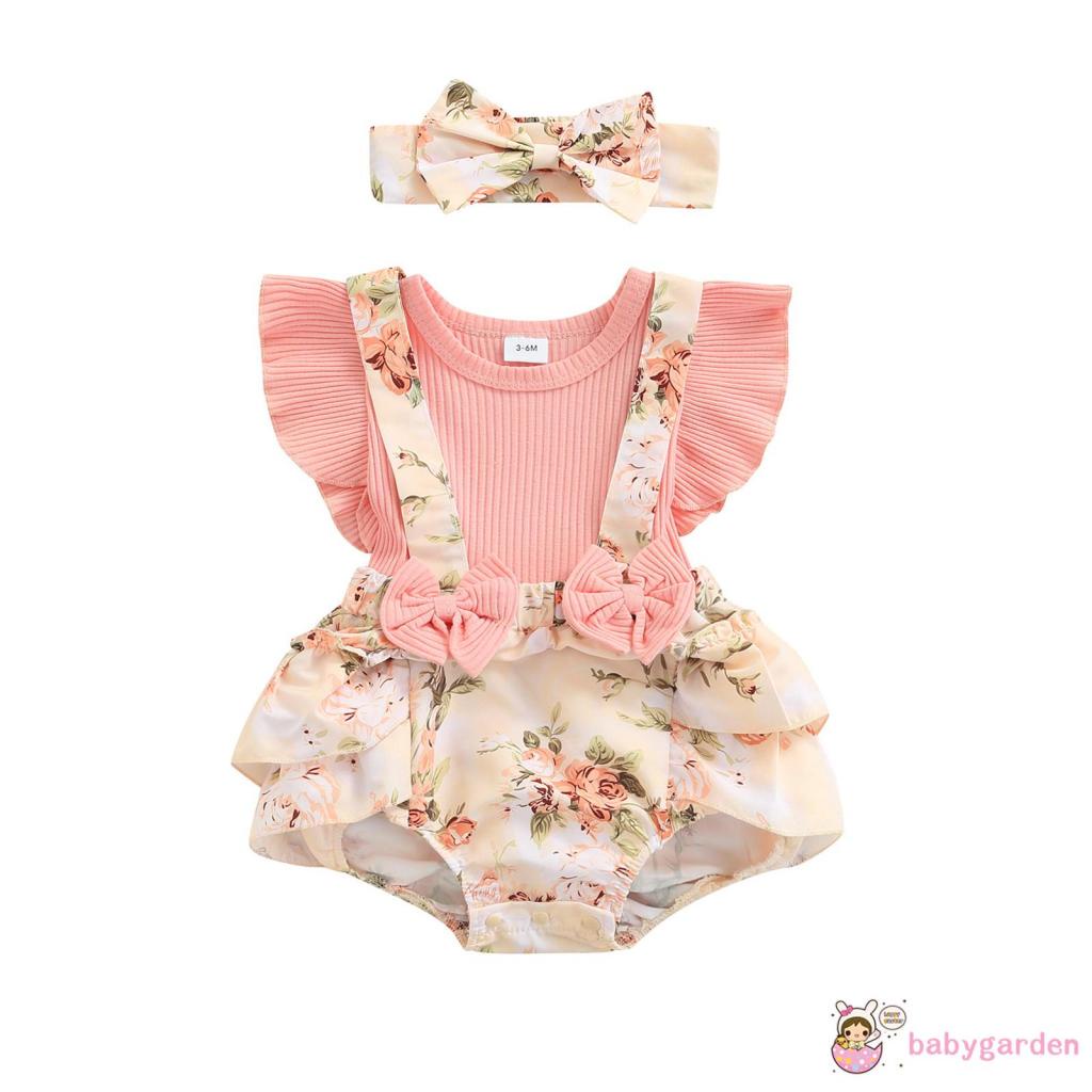 Bộ áo liền quần tay cánh tiên và nơ đính nơ in họa tiết hoa xinh xắn dành cho bé gái 0-18 tháng tuổi