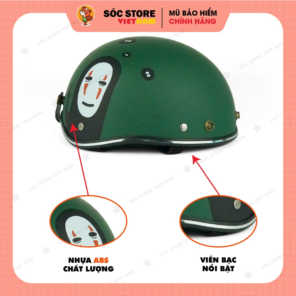 Mũ bảo hiểm nửa đầu chính hãng in hình Vô diện Sóc Store xanh rêu, nón bảo hiểm 1 phần 2, kèm kính UV, kính phi công