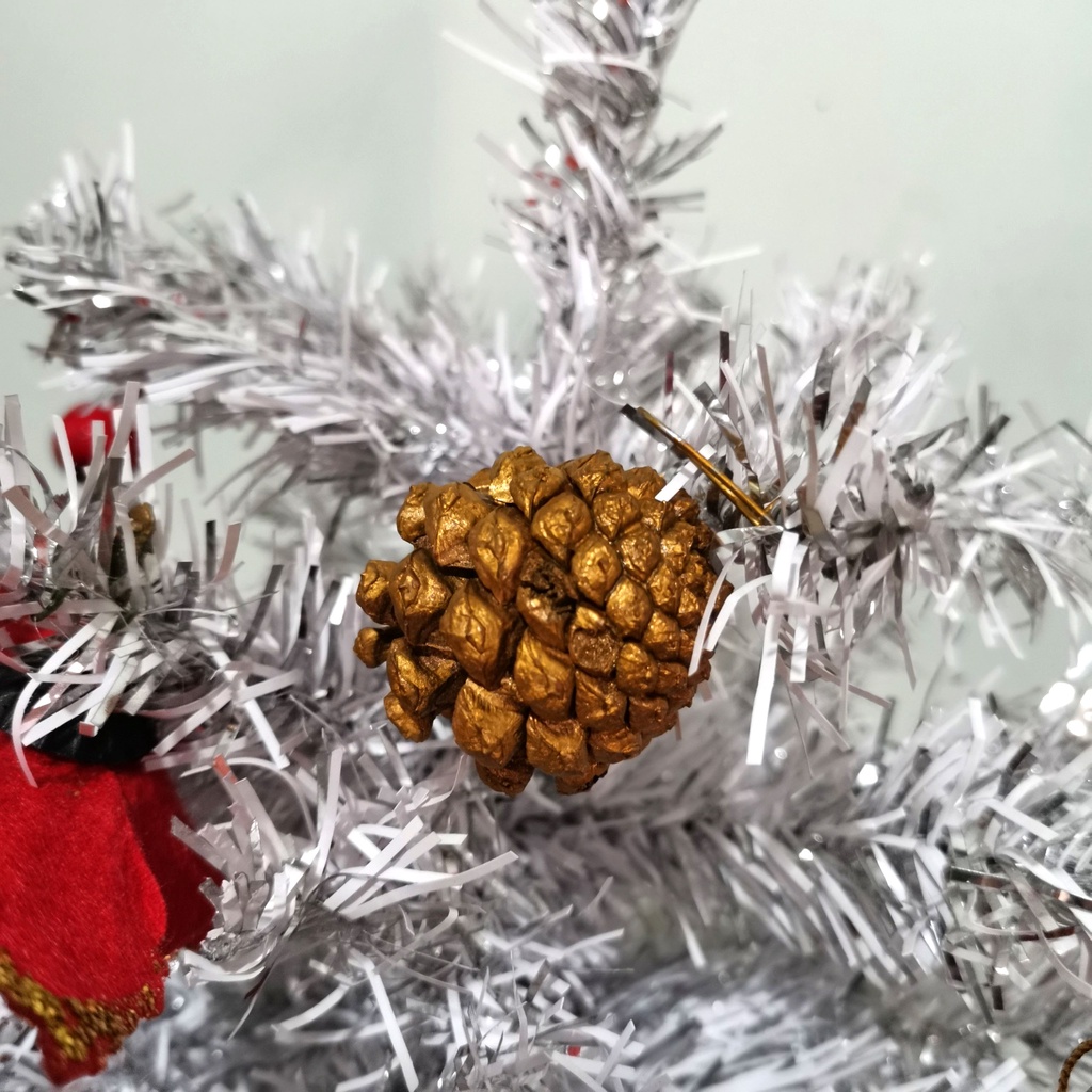 Cây thông noel để bàn 40cm, 52cm quà tặng trang trí giáng sinh trắng bạc đế nhựa bọc vải đỏ tặng kèm dây led 8m vàng