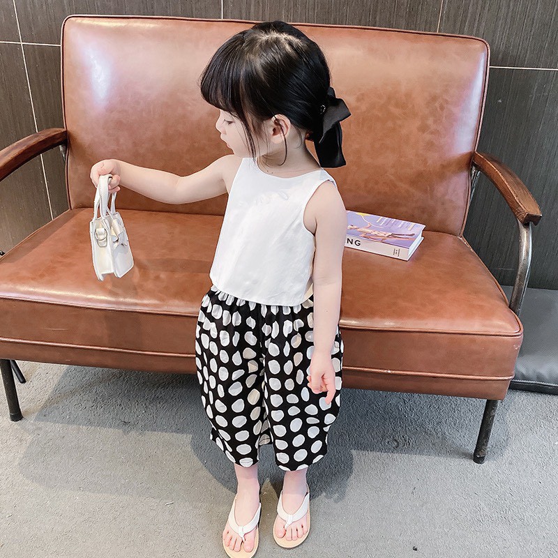 Set áo croptop buộc nơ phía sau, bộ quần chấm bi  và áo sát nách cho bé gái B50 - HanK Kids