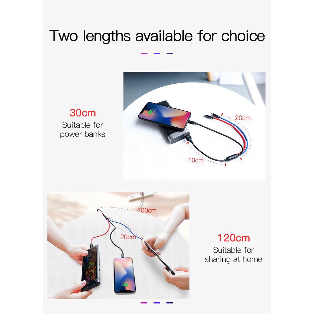 Cáp sạc và truyền dữ liệu tốc độ cao 3 đầu Baseus Three Primary Colors tích hợp kết nối Type C,Android và
