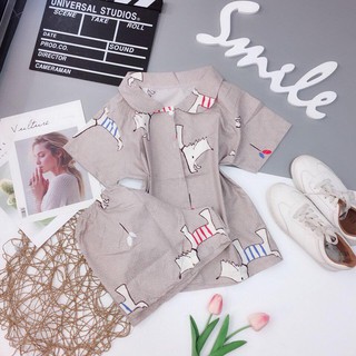 Đồ Bộ Pijama Ngắn Họa Tiết Hoạt Hình Ngộ Nghĩnh (Xám nâu)