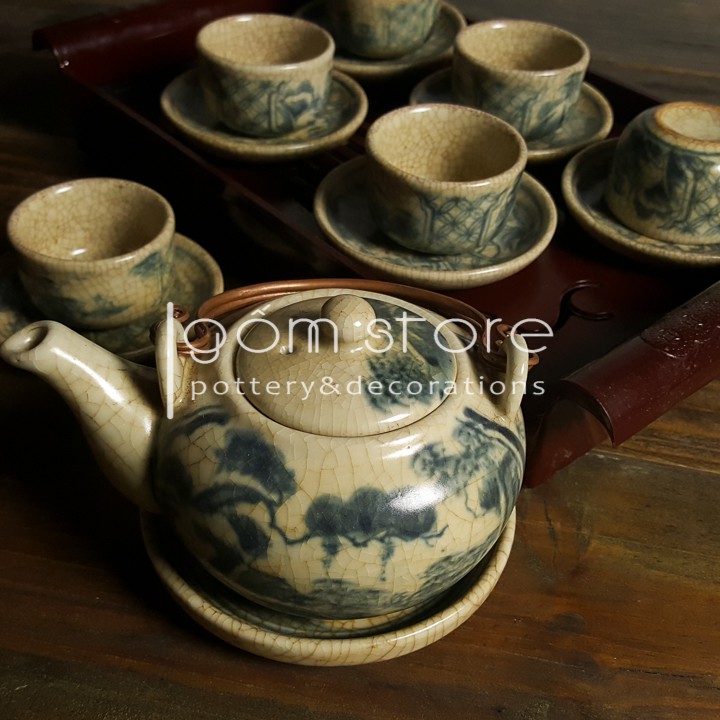 Ấm chén Bát Tràng men rạn giả cổ dáng hồng vẽ sơn thủy (Không kèm khay ấm trà như hình) | BigBuy360 - bigbuy360.vn