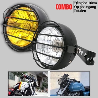 Combo gồm đèn pha xe máy 16cm có lưới bảo vệ kèm bộ pat gắn vào phuộc độ win, gn125, cafe racer