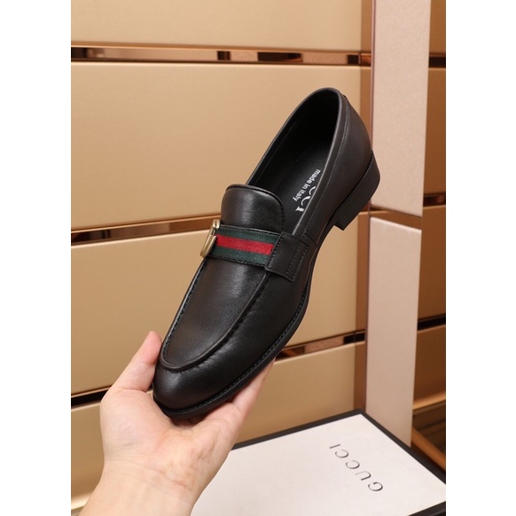 Giày tây lười công sở cho nam logo thương hiệu Gucci GG/GC da thật cao cấp màu đen trơn lịch lãm