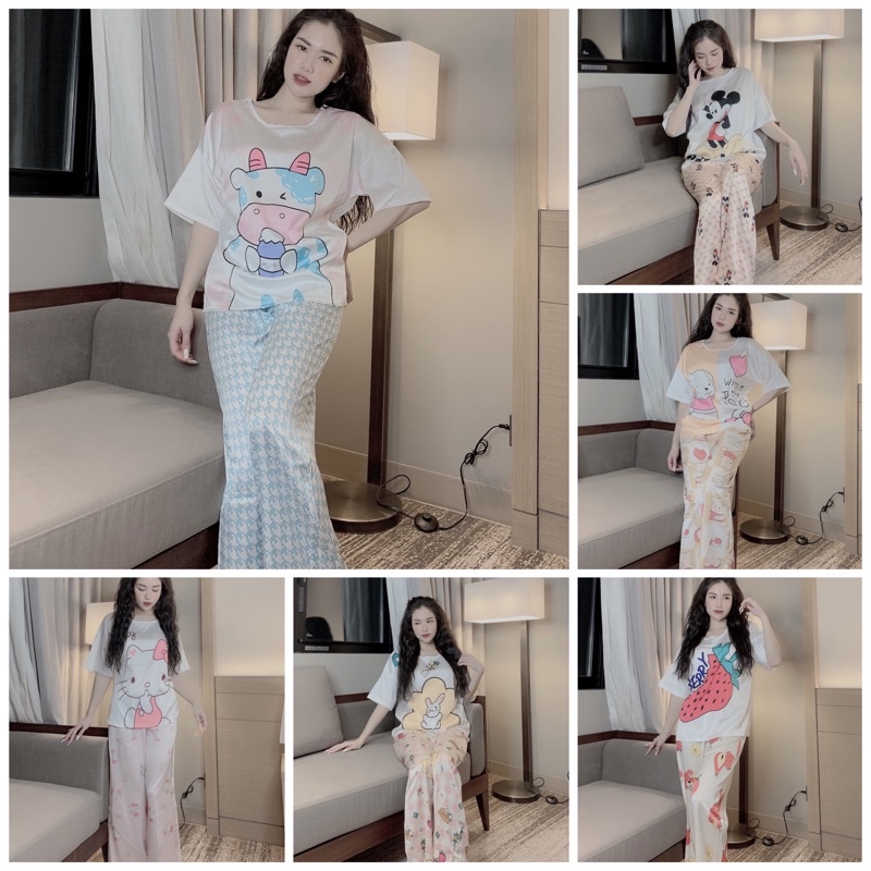 Đồ Bộ Pijama Nữ Lụa Latin Cổ Tròn Cao Cấp,Tay Cộc Quần Dài,Hàng Thiết Kế