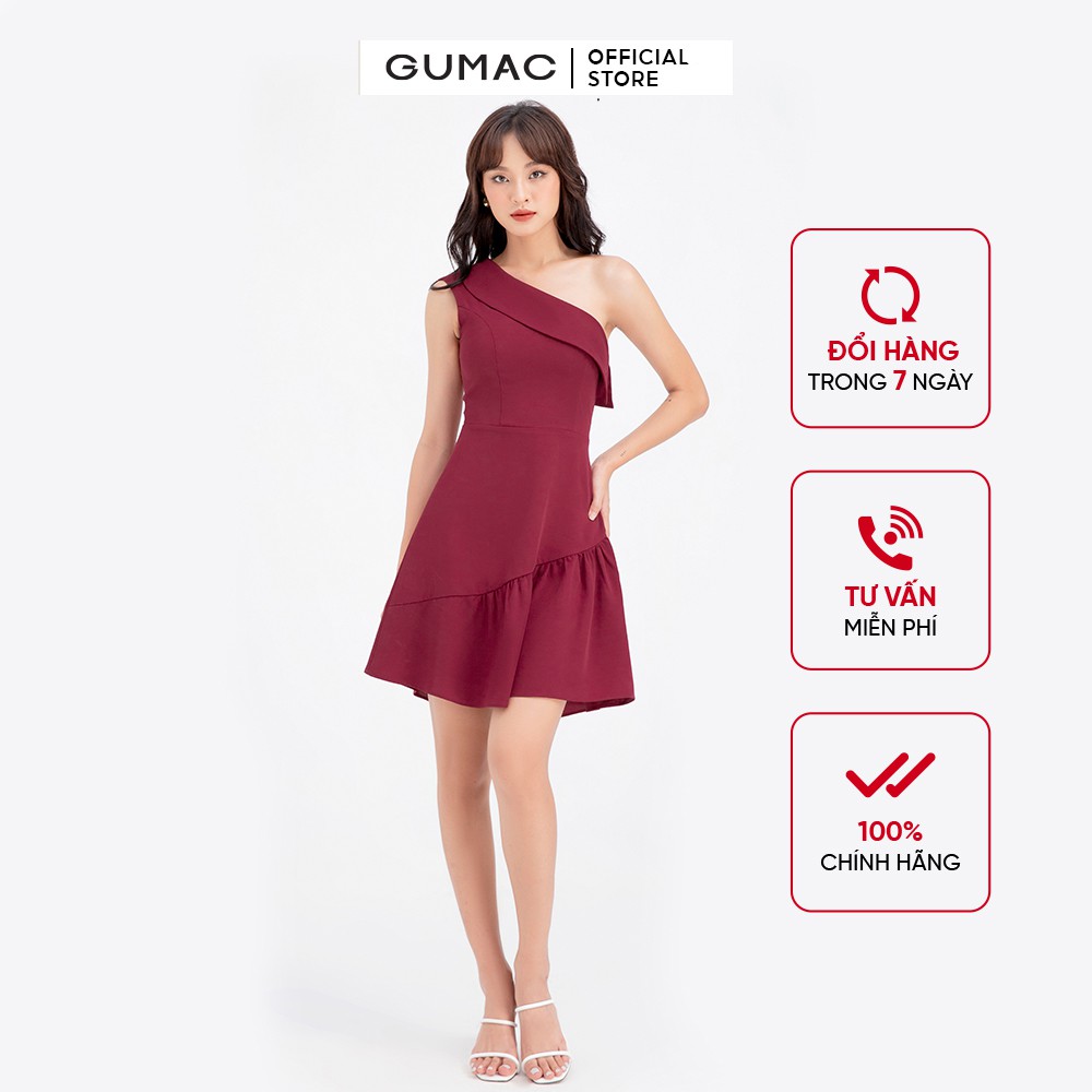 [Mã MABR07062 giảm 8% tối đa 50K đơn từ 249K] Đầm xòe nữ lệch vai phối bèo GUMAC màu đỏ hở vai quyến rũ DB688