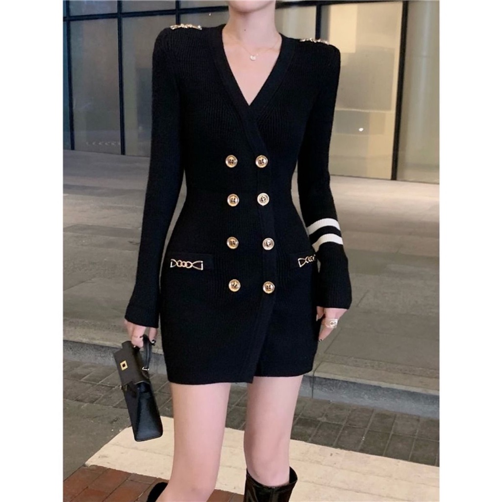 Áo đầm nhấn eo cổ chữ V tay dài thời trang mùa thu 2021