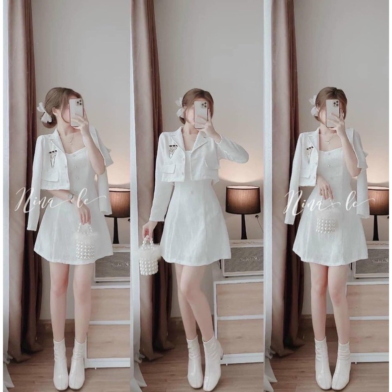 set đầm 2s dạ bố + khoác crop đính nút