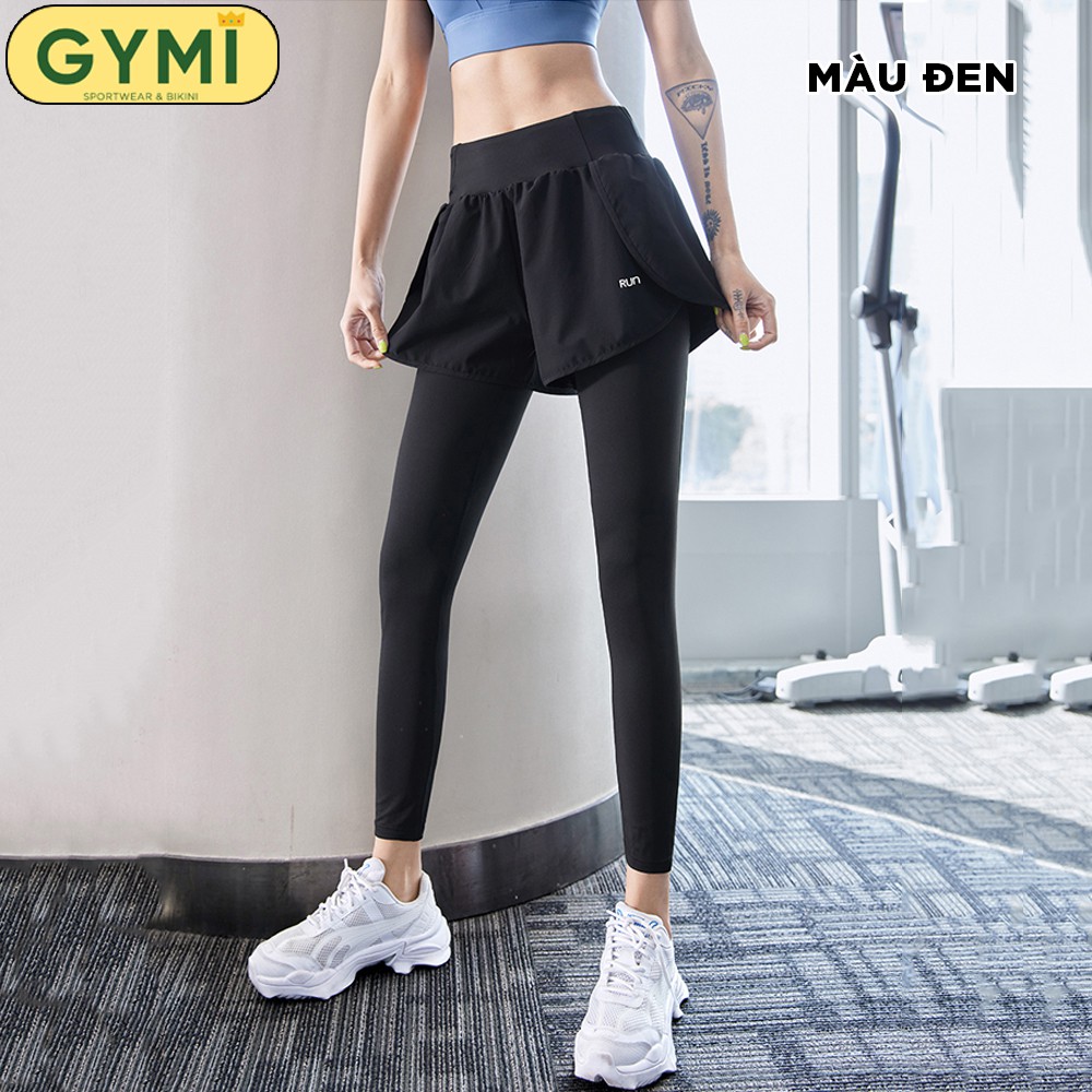 Quần tập gym yoga nữ thun lạnh GYMI QD28 dáng legging có quần short phía trước chống lộ kèm túi dựng điện thoại