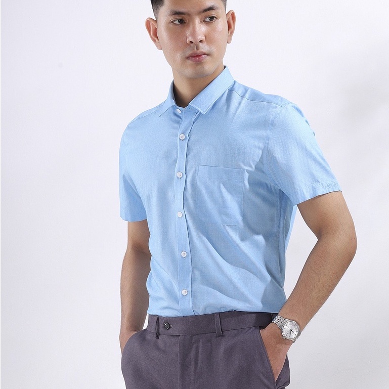 Áo sơ mi công sở nam tay ngắn Aristino màu xanh dệt vuông nhỏ dáng regular fit tà chất liệu sợi sồi cao cấp ASS038S8