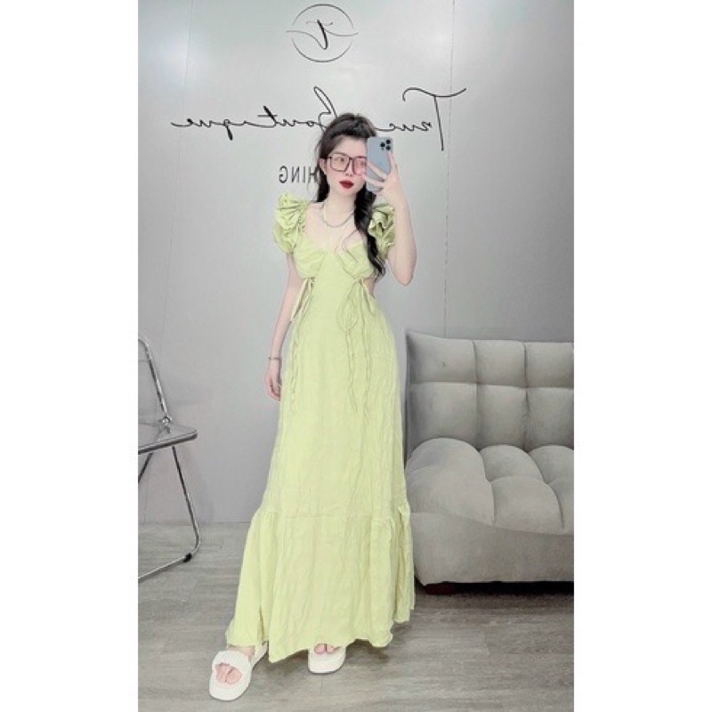 Đầm cổ yếm hở lưng, váy maxi đi biển XANH BƠ