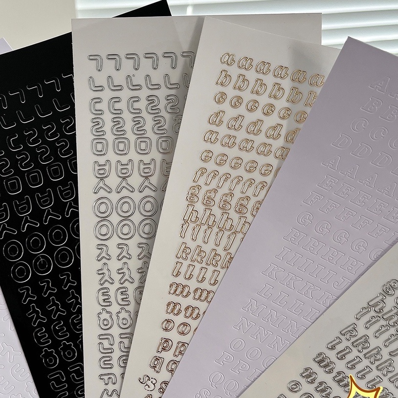 ( 12 mẫu ) Zanmo tờ nhãn dán sticker trang trí toploader dập nổi bảng chữ cái Tiếng Anh Tiếng Hàn trong suốt
