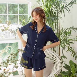 VIBES Đồ bộ Pijama ngắn Lụa trơn cao cấp Navy Silk Py Set