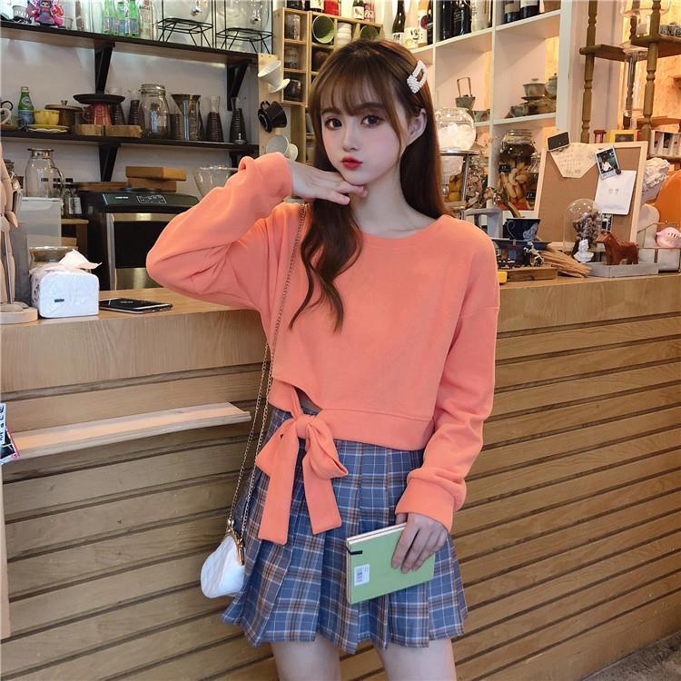 Áo Sweater Cotton Mỏng Tay Dài Dáng Rộng Lưng Cao Màu Trơn Thời Trang Hàn Quốc 2022 Cho Nữ