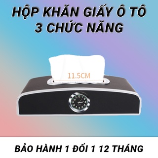 Hộp đựng giấy ăn trên ô tô 3 chức năng có đồng hồ và bảng số điện thoại chất liệu da cao cấp, phù hợp với mọi xe hơi