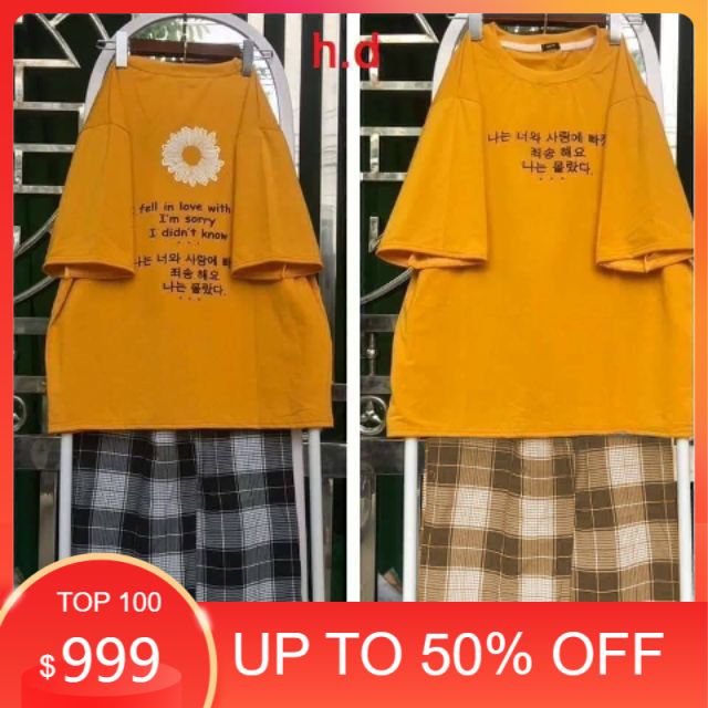 Sét áo phông Hoa cúc chữ Hàn + quần kẻ, Áo thun nam nữ, quần kaki, quần nữ, sét bộ mặc ở nhà MODY