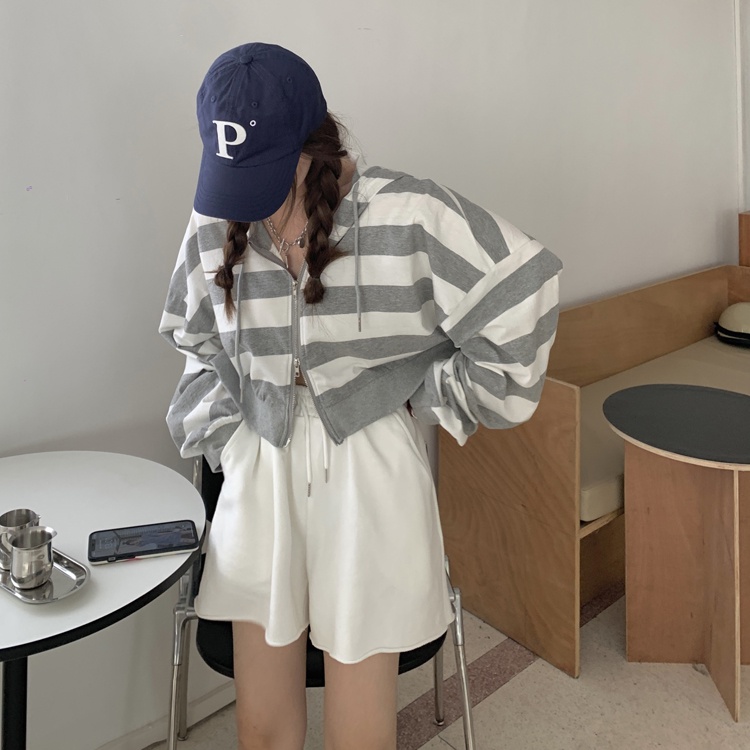 Áo Khoác Hoodie Dáng Rộng Kẻ Sọc Phối Khóa Kéo Đôi Thời Trang Hàn Quốc 2 Màu Tùy Chọn