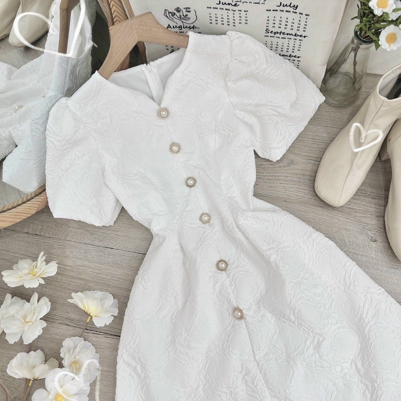 Đầm Dự Tiệc - Váy gấm tay bồng, Có khóa lưng, Đính cúc ngọc tinh tế dành cho các nàng đi dự tiệc Hk shop9720