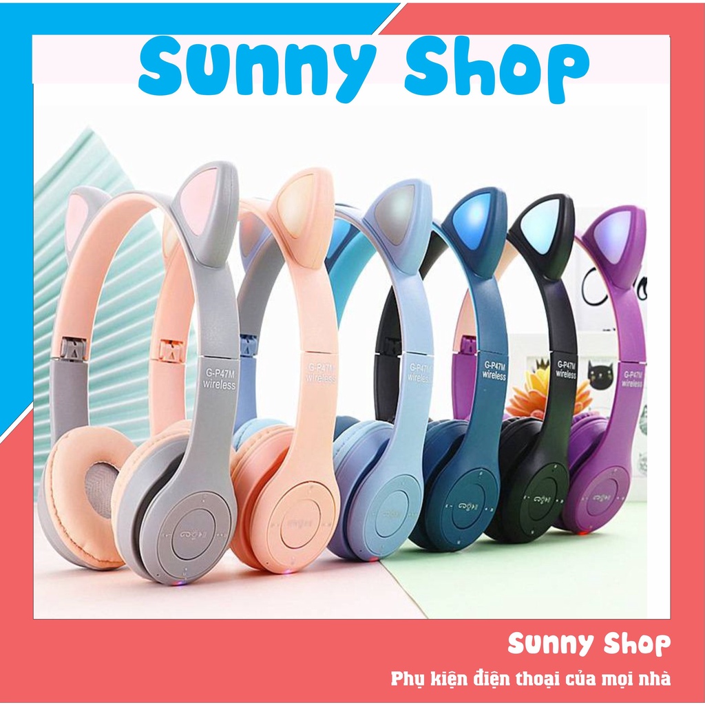 Tai Nghe Không Dây Kết Nối Headphone Bluetooth P47M Tai Mèo Chuyên Gaming Đàm Thoại Chất Lượng - Cute