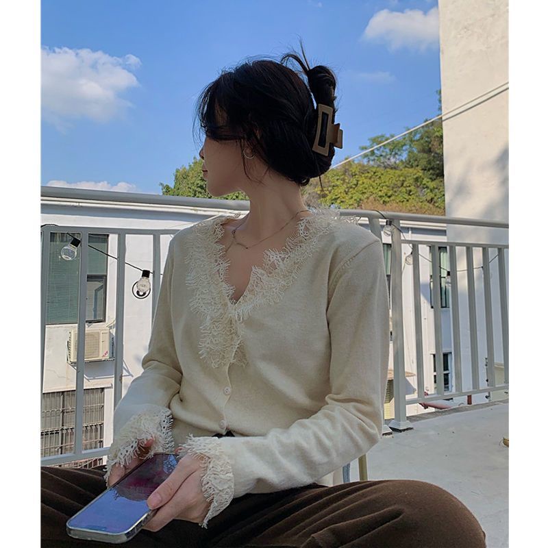 COZOK Áo sweater Tay Dài Dáng Rộng Phối Ren Thời Trang