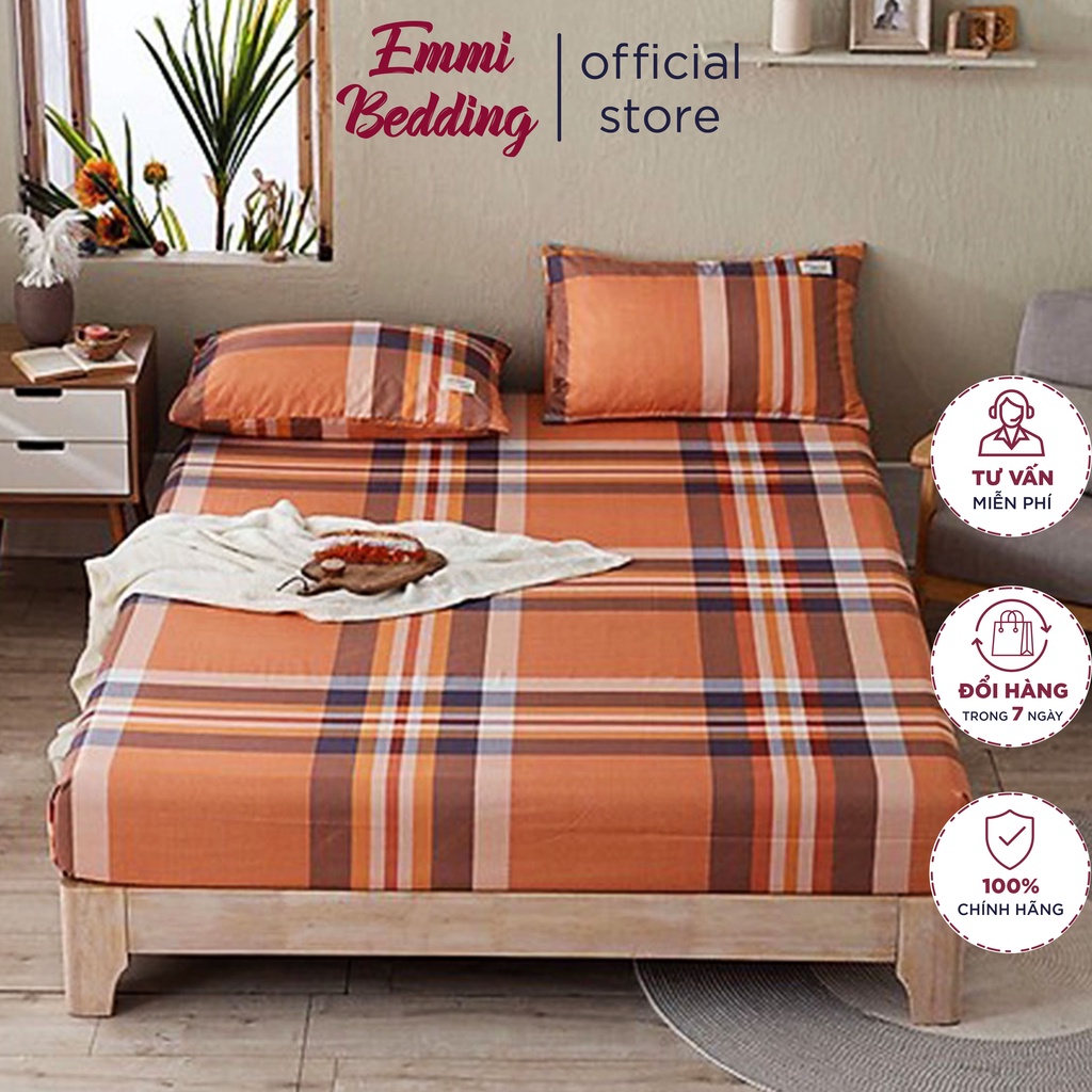 Ga Giường EMMIBEDDING STORE chất liệu TC , mẫu kẻ cam đất  miễn phí bo chun và làm ga phủ theo yêu cầu