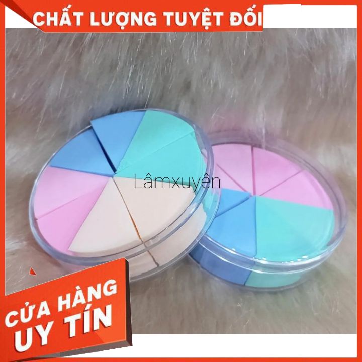 HỘP BÔNG PHẤN 8 MIẾNG TAM GIÁC NHIỀU MÀU  FREESHIP   bông phấn mềm mịn dễ tán đều lớp phấn cho màu tự nhiên _siêu tiện