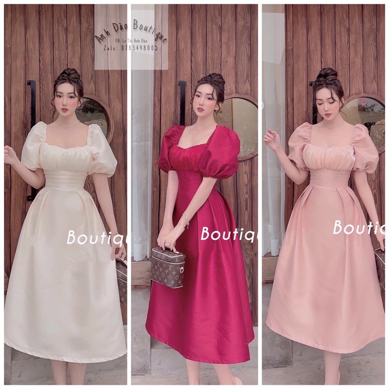 [ HÀNG CAO CẤP ]Đầm cổ vuông tay phồng xếp li eo thiết kế dự tiệc sang trọng | BigBuy360 - bigbuy360.vn