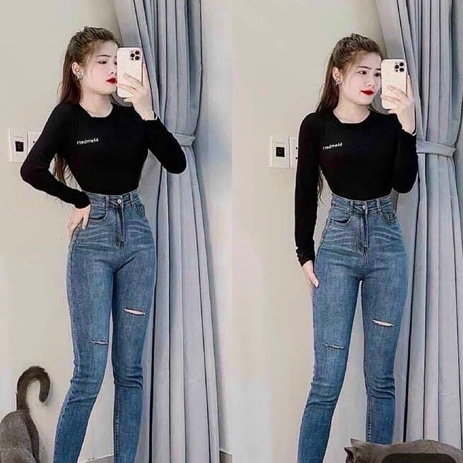 Quần jean nữ co giãn, quần bò nữ rách màu xanh rách 9 tấc dáng ôm body cạp cao nhiều mẫu Bi_shop 173 ms29