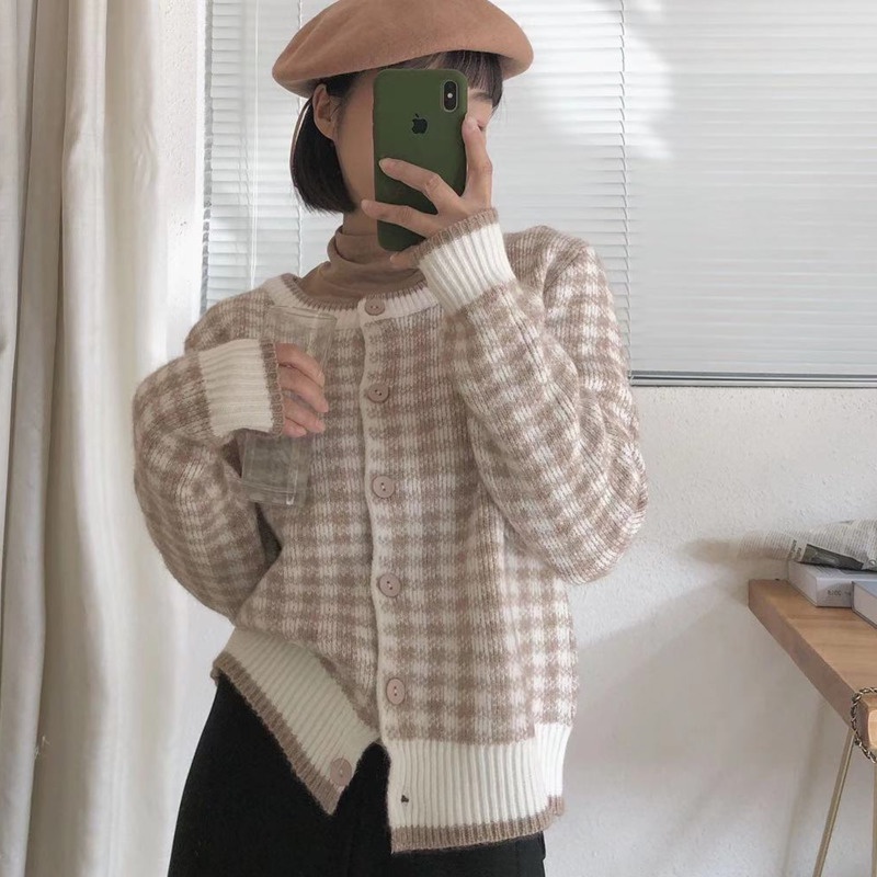 Áo khoác cardigan PURE CUBE cổ tròn họa tiết kẻ sọc ca rô nhiều màu sắc tùy chọn thời trang thu đông cho nữ