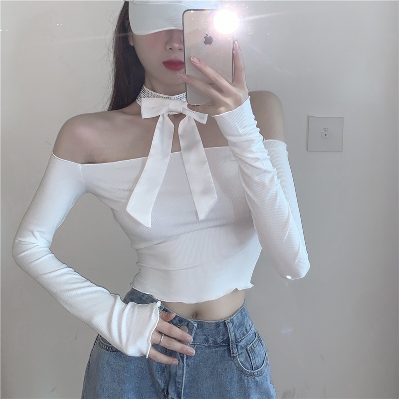 Áo thun COZOK dài tay cổ thắt nơ đính đá lấp lánh quyến rũ