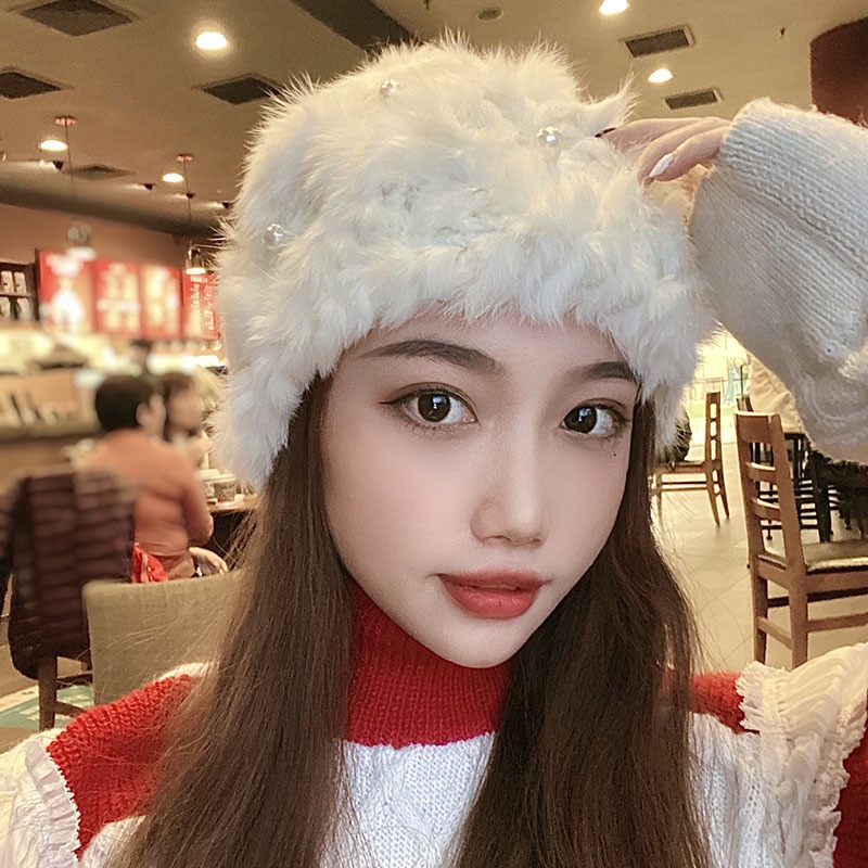 Mũ len dày dặn giữ ấm đính ngọc trai thời trang thu đông cho nữ tùy chọn màu sắc