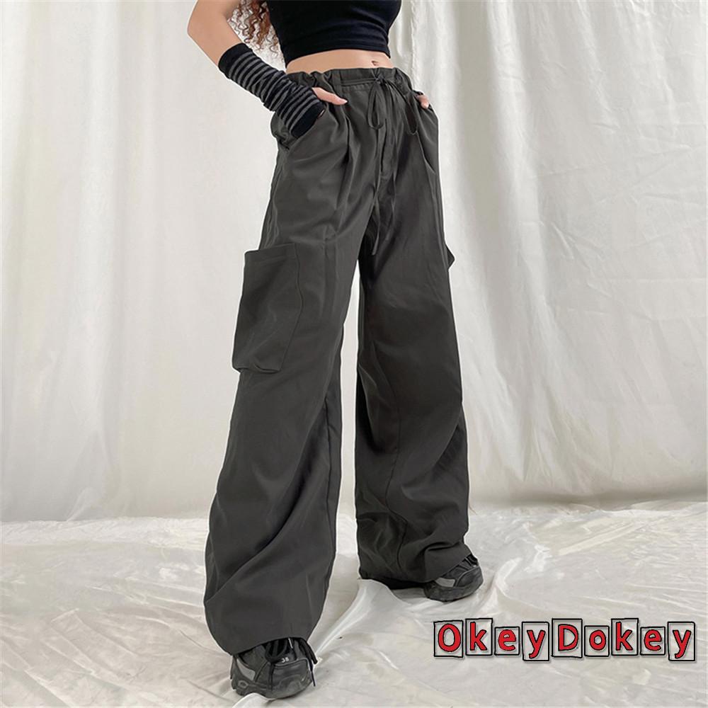 Quần Lưng Thấp Dáng Rộng Có Túi Lớn Màu Trơn Cho Nữ