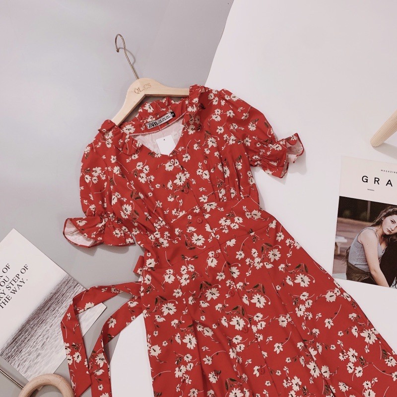 VN84 - VÁY HOA ĐỎ ĐUÔI BÈO NƠ SAU NỮ | BigBuy360 - bigbuy360.vn